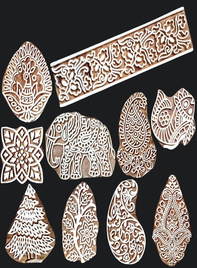 ecofynd Wood Block Stamps (Pack of 10), Wooden Blocks for Block Printing Stamp Set, Artistic Shapes Craft Kids Saree Border DIY Henna Fabric Textile Paper Clay Pottery Hand-Carved (BLOCK058) - Image 1